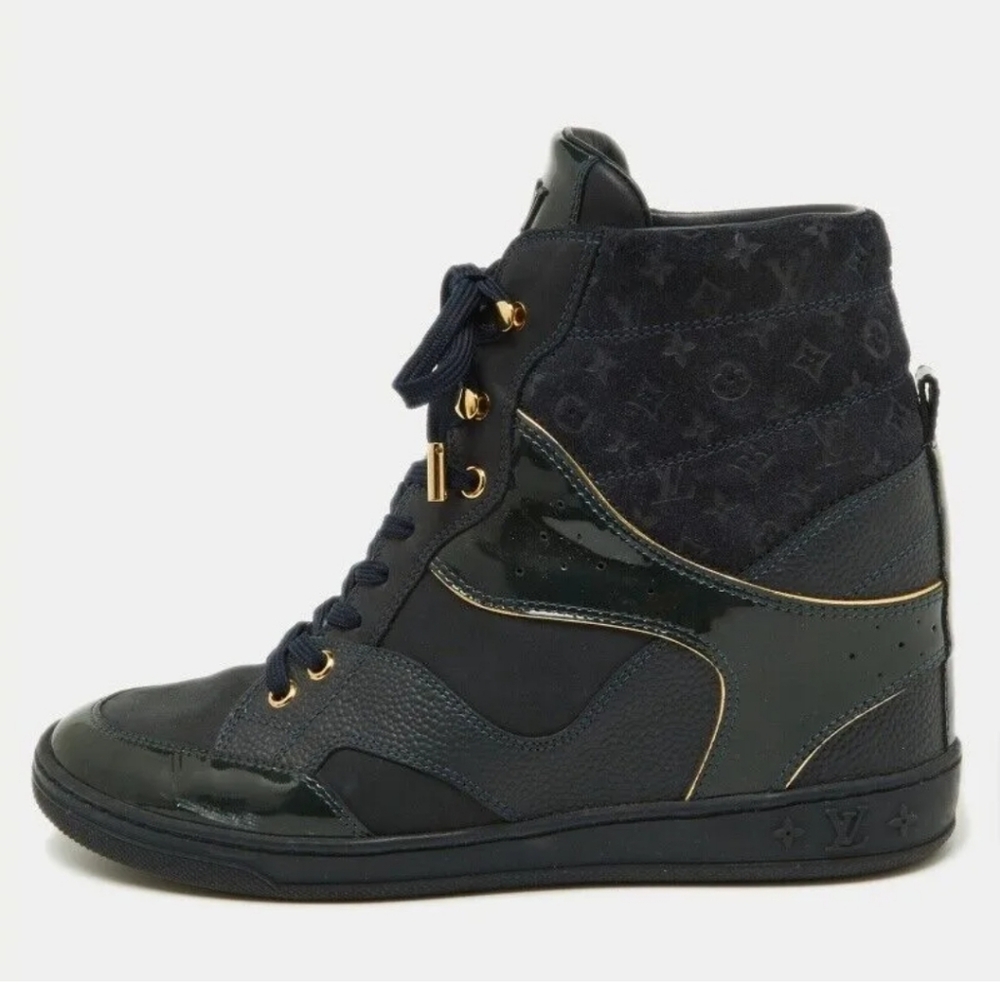 Louis Vuitton Navy Monogram Patent-Trim Wedge Sneaker